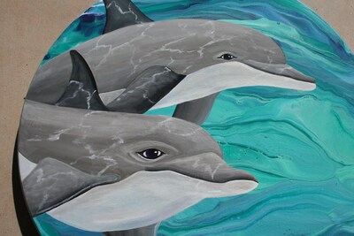 Dolphin painting on wood, ocean themed art, beach house decor, acrylic paint pour, fluid art - image2